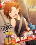  1boy bag belt black_shirt black_tank_top card_(medium) character_name character_signature closed_eyes fingernails idolmaster idolmaster_side-m male_child male_focus official_art seatbelt shirt sleeping tachibana_shiro_(idolmaster) tank_top watch 