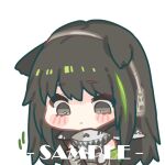  1girl animal_ears bare_shoulders black_hair blush_stickers chibi closed_mouth commentary_request cui_pi_zha_xia_qiu ears_down girls_frontline green_hair grey_eyes headphones kemonomimi_mode long_hair m4a1_(girls&#039;_frontline) multicolored_hair sample_watermark simple_background solo streaked_hair upper_body white_background 