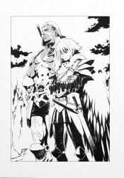  .hack// .hack//zero 2boys abs angel_wings armor balmung_(.hack//) bodypaint breastplate closed_mouth clouds crossed_arms facepaint greyscale grin hair_slicked_back hand_on_own_hip headband height_difference highres kawashima_ryojun kilt looking_ahead male_focus monochrome multiple_boys muscular muscular_male novel_illustration official_art orca_(.hack//) pauldrons pectorals poleyn scabbard scan sheath sheathed short_hair shoulder_armor smile sword third-party_source weapon wings 