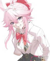  1girl absurdres animal_ears arms_behind_back asiri_senpai bow bowtie breasts commentary cropped_jacket evanescia_(honkai:_star_rail) flower grin hair_between_eyes hair_bow hair_flower hair_intakes hair_ornament highres honkai:_star_rail honkai_(series) jacket long_hair long_sleeves looking_at_viewer pink_bow pink_hair red_bow red_bowtie red_pupils shirt shirt_tucked_in simple_background small_breasts smile solo twitter_username upper_body violet_eyes white_background white_jacket white_shirt 