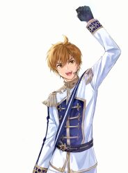  1boy arm_up artist_request belt black_belt black_gloves blue_shirt brown_eyes brown_hair commentary_request english_commentary epaulettes gloves gold_trim highres idol idol_clothes kasel_(king's_raid) king's_raid korean_commentary microphone mixed-language_commentary official_alternate_costume official_art open_mouth pants sash second-party_source shirt short_hair shoulder_sash simple_background smile solo upper_body white_background white_pants white_shirt 