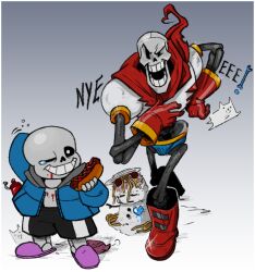  2025 2boys 2d animal annoying_dog arm_behind_head armor black_shorts blue_jacket bone brothers cape commentary digital_media dog dropped_food duo english_commentary food full_body gloves gradient_background grey_background grey_hood height_difference holding holding_food hollow_eyes hood hood_down hooded_jacket hot_dog humanoid jacket ketchup ketchup_bottle long_sleeves male male_focus male_only monster monster_boy multiple_boys multiple_dogs one_eye_closed open_clothes open_jacket papyrus_(undertale) pasta plate red_cape red_gloves sans_(undertale) shirt shorts siblings single_vertical_stripe skeleton snow snowman spaghetti spaghetti_and_meatballs spill sploshyo stain striped_shorts tears teeth text two-tone_background undead undertale utdr_(toby_fox) vertical-striped_clothes vertical-striped_shorts white_armor white_background white_dog white_shirt white_stripes whoopee_cushion 