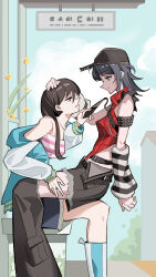  2girls absurdres arm_warmers arms_behind_back bang_dream! bang_dream!_it's_mygo!!!!! baseball_cap bkk_(senmude) black_hair black_hat black_pants blue_jacket brown_hair clothes_grab commentary green_eyes hat headpat highres jacket long_hair long_sleeves medium_hair multiple_girls necktie necktie_grab neckwear_grab open_mouth pants plaid_clothes plaid_shirt red_shirt shiina_taki shirt sitting sitting_on_lap sitting_on_person sleeveless sleeveless_shirt striped_arm_warmers studded_armlet violet_eyes yahata_umiri yuri 