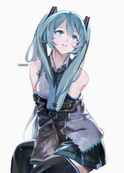  1girl aqua_eyes aqua_hair aqua_necktie artist_name bare_shoulders between_legs bizarre_cuco black_boots black_skirt boots commentary detached_sleeves grey_shirt hand_between_legs hatsune_miku highres invisible_chair long_hair looking_up miniskirt necktie number_tattoo parted_lips pleated_skirt shirt shoulder_tattoo simple_background sitting skirt sleeveless sleeveless_shirt solo tattoo thigh_boots twintails vocaloid white_background 