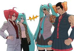  2boys ahoge aqua_eyes aqua_hair aqua_necktie bandaged_chest bare_shoulders black_hair black_shirt black_sleeves blue_eyes blue_hair bread breast_pocket cdtxufre collared_shirt cosplay detached_sleeves drill_hair eyepatch facial_hair food formal_clothes goatee grey_suit hair_between_eyes hair_ornament hatsune_miku hatsune_miku_(cosplay) headset highres jacket kasane_teto kasane_teto_(cosplay) kasane_teto_(utau) kiryu_kazuma kiryu_kazuma_(cosplay) long_hair majima_goro majima_goro_(cosplay) multiple_boys necktie one-eyed open_clothes pants pocket pout red_eyes red_hair red_shirt red_trim ryuu_ga_gotoku_(series) ryuu_ga_gotoku_1 shirt short_hair skirt sleeveless sleeveless_shirt smile snake_print suit tattoo thigh-highs twin_drills twintails utau very_long_hair vocaloid 