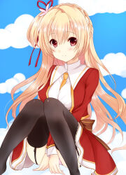  1girl amairo_islenauts back_bow between_breasts between_legs black_thighhighs blonde_hair blue_background blush bow braid breasts brown_bow closed_mouth clouds commentary_request crown_braid feet_out_of_frame fen_cichlid_girls_academy_school_uniform floating_hair flower garter_straps gatakenjin hair_between_eyes hair_flower hair_ornament hair_ribbon hand_between_legs jacket large_breasts long_hair long_sleeves necktie necktie_between_breasts one_side_up open_clothes open_jacket pink_flower red_jacket red_ribbon red_skirt reflection ribbon school_uniform shirley_warwick shirt sidelocks simple_background skirt smile solo split_mouth tareme thigh-highs thighs v_arms very_long_hair white_shirt yellow_necktie 