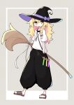  1girl absurdres alternate_costume asameshi baggy_pants black_headwear black_pants blonde_hair bow broom brown_footwear commentary_request corked_bottle full_body hair_bow hands_in_pockets hat hat_bow highres jewelry kirisame_marisa long_hair looking_at_viewer open_mouth orange_eyes pants pendant purple_bow sandals shirt short_sleeves solo t-shirt test_tube touhou undershirt white_shirt witch_hat 