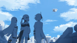  3girls aircraft blue_archive blue_sky clouds colored_skin commentary day ein_(blue_archive) from_behind ghost highres long_hair mechanical_hands mechanical_tail mikan_battery multiple_girls ohr_(blue_archive) outdoors segmented_tail short_hair sky sof_(blue_archive) standing tail twintails very_long_hair white_hair white_skin 