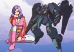  1girl arm_cannon boots commentary_request dual_wielding earth_federation energy_cannon gaplant green_eyes gundam holding long_hair looking_at_viewer mecha mobile_suit purple_hair robot rosamia_badam scarf science_fiction shield sitting teikoku_jokyoku weapon zeta_gundam 
