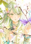  cherry_blossoms commentary flower hair_flower hair_ornament hairclip highres hinomori_shiho koukyou_suru_machi_no_katasumi_de_(project_sekai) light_green_hair long_hair long_sleeves looking_at_viewer official_alternate_costume official_alternate_hair_length official_alternate_hairstyle parted_lips pink_flower project_sekai seczzsec symbol-only_commentary very_long_hair 