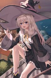  1girl black_headwear collared_shirt elaina_(majo_no_tabitabi) grey_hair hat highres jacket knee_up long_hair long_sleeves majo_no_tabitabi matsogum neck_ribbon open_clothes open_jacket open_mouth ribbon shirt shoes sitting solo violet_eyes white_shirt wide_sleeves witch_hat yellow_ribbon 