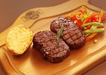  absurdres beef bell_pepper bread brown_background corn enonnbo food food_focus highres no_humans original pepper shadow simple_background steak still_life vegetable 