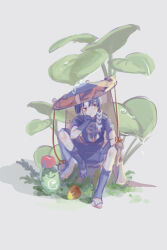  1boy apple aranara_(genshin_impact) arm_on_thigh armor black_bodysuit black_eyes black_hair black_kimono black_shorts black_sleeves blunt_ends bodysuit choppy_bangs commentary_request creature food fruit genshin_impact gold grey_background hand_on_own_face hat holding holding_food holding_fruit japanese_armor japanese_clothes jewelry jingasa juban kimono knee_up kote kurokote looking_to_the_side male_focus mitsudomoe_(shape) neck_ring open_clothes open_kimono outdoors peach plant red_hat red_kimono sandals scaramouche_(genshin_impact) short_sleeves shorts sitting sketch solo tamane_june toeless_legwear tomoe_(symbol) white_kimono 