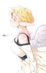  1girl angel_wings arms_at_sides bare_shoulders belt black_belt black_trim blonde_hair breasts chromatic_aberration closed_eyes commentary cowlick dress ear_wings english_commentary facing_ahead feathered_wings from_side halterneck highres jewelry light_blush light_particles long_sleeves louise_(michiroon) medium_breasts michiroon necklace no_mouth off-shoulder_dress off_shoulder original profile short_hair simple_background solo standing u_u upper_body white_background white_dress white_wings wings 