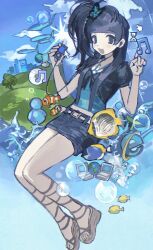  1girl :d belt black_bow black_eyes black_hair blue_shirt blue_skirt bow bubble building butterfly_hair_ornament cd chinese_commentary clownfish commentary_request denim denim_skirt fish frutiger_aero grass hair_ornament highres hill holding holding_mp3_player hourglass icon_(computing) internet_explorer itunes jrubaana light_blush long_hair looking_at_viewer microsoft_windows mp3_player msn_buddy_icon msn_messenger musical_note original sandals shirt side_ponytail skirt sky smile solo tree tropical_fish water white_belt windows_xp yellow_tang 