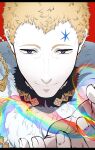  1boy black_clover blonde_hair close-up closed_mouth facial_mark fingernails forehead_mark fur_collar fur_trim highres julius_novachrono koine_(draw) looking_at_viewer magic male_focus rainbow red_background short_hair smile solo tassel violet_eyes 