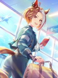  1girl absurdres aircraft airplane airport animal_ears armband black_shirt blue_jacket blush breasts brown_hair casino_drive_(umamusume) earrings highres holding holding_suitcase horse_ears horse_girl jacket jet_airliner jewelry long_sleeves looking_at_viewer multicolored_hair multiple_rings necklace necktie official_art open_mouth pants passport red_eyes ring rolling_suitcase shirt short_hair smile solo suitcase tail tail_through_clothes teeth umamusume upper_teeth_only white_hair white_necktie 