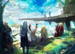  1girl 2others 4boys barst_(fire_emblem) blonde_hair blue_hair clarisse_(fire_emblem) commentary_request fire_emblem floating_island hood hood_up hooded_robe jeorge_(fire_emblem) kiran_(fire_emblem) multiple_boys multiple_others niles_(fire_emblem) robe suikomu_now virion_(fire_emblem) waving_hands 