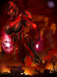  1girl absurdres alien armor black_skin breasts color_timer colored_skin compound_eyes crackling_energy dark_zagi dorsal_fin facial_mark genderswap genderswap_(mtf) giant giantess glowing glowing_eyes highres janusjan large_breasts multicolored_skin muscular red_eyes red_skin shoulder_armor shoulder_pads solo tokusatsu two-tone_armor two-tone_skin ultra_series ultraman_nexus_(series) 