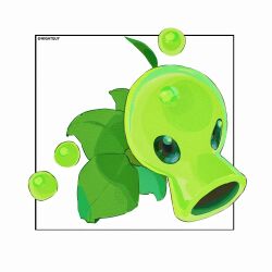  artist_name chinese_commentary commentary_request film_grain from_above green_eyes halftone highres hightguy inset_border leaf looking_at_viewer no_humans peas peashooter_(plants_vs._zombies) plant plant_focus plants_vs._zombies simple_background solid_circle_eyes white_background 