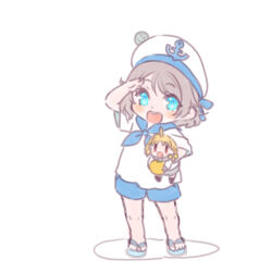  2girls :d aged_down ahoge blue_eyes blue_sandals blue_shorts blush bow commentary_request detached_hair_bun full_body grey_hair hair_bow hat holding holding_mini_person looking_at_viewer love_live! love_live!_sunshine!! medium_hair mini_person multiple_girls open_mouth orange_hair red_eyes sailor sailor_hat salute sandals shinanoya_(satanicad) shirt short_sleeves shorts simple_background smile standing takami_chika tsushima_yoshiko watanabe_you white_background white_hat white_shirt yellow_bow 