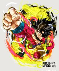  1boy black_hair clenched_hands corrupted_twitter_file dragon dragon_ball dragon_ball_gt dragon_fist_(dragon_ball) electricity grey_background highres long_hair monkey_tail nickelespektro open_mouth pants punching red_fur red_tail solo_focus son_goku spiky_hair super_saiyan super_saiyan_4 tail topless_male torn_clothes torn_pants yellow_eyes yellow_pants 