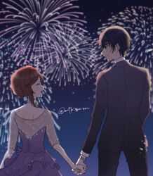  1boy 1girl brown_hair closed_eyes closed_mouth collared_shirt commentary_request dress fireworks hetero highres holding_hands jacket marius_von_hagen_(tears_of_themis) mtkignsn night open_mouth outdoors pants purple_dress purple_hair purple_jacket purple_pants rosa_(tears_of_themis) shirt smile strapless strapless_dress tears_of_themis violet_eyes white_shirt 
