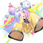  1girl :d absurdres aqua_hair bright_pupils character_hair_ornament commentary controlline3 eyelashes grey_shirt hair_ornament hands_up heart highres iono_(pokemon) jacket long_hair open_mouth pink_eyes pink_hair pokemon pokemon_(game) pokemon_sv shirt sleeves_past_fingers sleeves_past_wrists smile solo symbol-only_commentary teeth tongue upper_teeth_only x yellow_jacket 