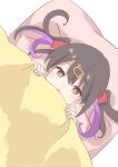  1girl black_hair brown_eyes commentary hair_between_eyes hair_ornament hair_ribbon hair_spread_out hairclip highres komekosann looking_at_viewer lying multicolored_hair on_back onii-chan_wa_oshimai! open_mouth oyama_mihari pillow purple_hair red_ribbon ribbon solo twintails two-tone_hair under_covers 