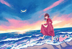  1girl animal barefoot beach blue_sky brown_hair commentary_request crescent_moon dress from_side full_body gradient_sky highres horizon ito_yoshi long_dress long_sleeves moon neck_ribbon ocean open_mouth original outdoors pink_dress profile raccoon red_ribbon ribbon scenery short_hair skirt_hold sky smile solo twilight walking 