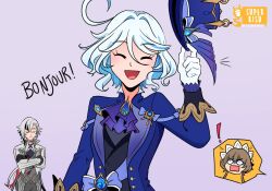  ! 3girls ahoge arlecchino_(genshin_impact) artist_logo ascot black_ascot black_hair black_hands black_streaks blue_ascot blue_gem blue_hair blue_hat blue_jacket bonnet brown_hair closed_eyes closed_mouth coat colored_extremities cowlick english_commentary english_text eyelash_ornament fingernail_gloves furina_(genshin_impact) gem genshin_impact gloves grey_coat grey_hair hair_between_eyes hat hat_tip head_only hydro_symbol_(genshin_impact) jacket logo long_hair long_sleeves multicolored_hair multiple_girls o_o open_mouth ouji_fashion pink_background reese_(ordinaryreese) sandrone_(genshin_impact) short_hair short_hair_with_long_locks sidelocks simple_background smile speech_bubble streaked_hair surprised top_hat two-tone_hair vision_(genshin_impact) white_coat white_gloves white_hair 