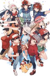  5boys backwards_hat bandana baseball_cap beanie black_hair black_shirt blonde_hair blue_eyes blue_hair blue_jacket blue_pants braid breasts brown_eyes brown_hair closed_mouth collared_shirt commentary_request confetti ethan_(pokemon) eyewear_on_headwear floral_print gloves green_bandana green_shorts hair_ornament hairclip hat highres hikari_(pokemon) hilbert_(pokemon) holding jacket juliana_(pokemon) long_hair long_sleeves may_(pokemon) multiple_boys multiple_girls naranja_academy_school_uniform nate_(pokemon) necktie open_mouth orange_necktie orange_shirt orange_shorts pants parted_lips pikachu pink_hat pink_skirt poke_ball poke_ball_(basic) pokemon pokemon_(creature) pokemon_bw pokemon_bw2 pokemon_dppt pokemon_emerald pokemon_gsc pokemon_rgby pokemon_rse pokemon_sm pokemon_sv pokemon_swsh pokemon_xy red_(pokemon) red_hat red_jacket red_scarf red_skirt scarf school_uniform selene_(pokemon) serena_(pokemon) shirt short_hair short_sleeves shorts skirt sleeveless sleeveless_shirt smile sunglasses syerii t-shirt tied_shirt victor_(pokemon) white-framed_eyewear white_gloves white_hat yellow_shirt yellow_shorts 