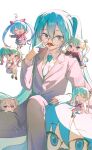  25-ji_miku 6+girls :d :p aqua_eyes aqua_hair aqua_necktie bespectacled clone commentary fake_facial_hair fake_mustache formal glasses grey_jacket grey_pants grey_suit hatsune_miku highres jacket leo/need_miku liso long_hair looking_at_viewer mikudayoo more_more_jump!_miku multiple_girls necktie open_mouth pants project_sekai round_eyewear sitting smile suit tongue tongue_out twintails very_long_hair vivid_bad_squad_miku vocaloid wonderlands_x_showtime_miku 