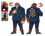  1boy \m/ absurdres beard blue_jacket blue_pants blue_shirt bowser bowser_(cosplay) breathing_fire brown_hair clenched_hand cosplay english_commentary facial_hair fire formal full_body glasses green_footwear highres jack_black jacket looking_to_the_side male_focus medium_hair multicolored_shirt multiple_views mustache pants photo-referenced photo_inset piranha_plant puma_(brand) real_life red_eyes reference_inset shirt shoes sneakers spikes suit super_mario_bros. the_super_mario_bros._movie white_background xamurai 