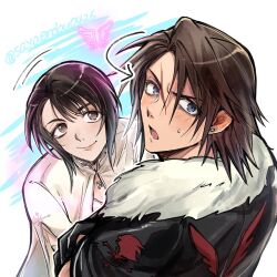  1boy 1girl black_gloves black_hair black_jacket blue_eyes blush brown_eyes brown_hair capelet commentary_request crossed_arms earrings final_fantasy final_fantasy_viii fur-trimmed_jacket fur_trim gloves hair_between_eyes jacket jewelry kingdom_hearts leaning_forward light_blush looking_at_another medium_hair multicolored_hair parted_bangs parted_lips rinoa_heartilly sayaendou0426 scar scar_on_face scar_on_forehead single_earring smile squall_leonhart streaked_hair sweatdrop turning_head twitter_username upper_body white_capelet 