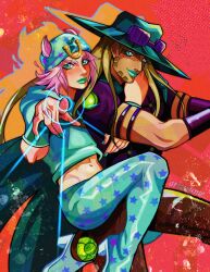  2boys aqua_eyes aqua_hat aqua_hoodie aqua_lips aqua_nails aqua_pants arizuume armband artist_name beanie beard blonde_hair book_cover_redraw brown_pants cape closed_mouth commentary cowboy derivative_work facial_hair goggles goggles_on_headwear green_cape green_eyes green_lips gyro_zeppeli hat highres holster hood hood_down hoodie horseshoe_hat_ornament horseshoe_ornament johnny_joestar jojo_no_kimyou_na_bouken jojo_pose long_hair looking_at_viewer makeup male_focus medium_hair midriff multiple_boys navel pants pink_hair pointing pointing_at_viewer purple_armband purple_shirt shirt short_sleeves smile star_(symbol) star_print steel_ball_(jojo) steel_ball_run toned toned_male wristband 