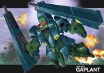  absurdres arm_cannon battle character_name explosion flying forest gaplant gundam gundam_zz highres machinery mecha mobile_suit nature no_humans one-eyed robot science_fiction shield titans_(gundam) weapon yatta070622 