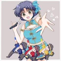  1girl 3boys :d blue_hair brown_eyes character_name chinese_clothes commentary_request grey_background hair_ornament heart hibiki_ryouga highres holding holding_microphone idol idol_clothes kunou_tatewaki looking_at_viewer microphone multiple_boys otaku pale_skin ranma_1/2 reaching reaching_towards_viewer saotome_ranma short_hair smile takotakoagare85 tendou_akane 