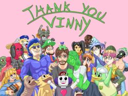  6+boys 6+girls astral_chain black_hair blonde_hair blue_eyes blue_hair breasts brown_hair cat_tail charlotte_(seiken_densetsu_3) chat_(vinesauce) cherry_(animal_crossing) covered_abs creating_rem_lezar cyberpunk_(series) cyberpunk_2077 desertpogona dog_girl duck_boy eiko_carol elbow_gloves extra_eyes extra_mouth facial_hair final_fantasy final_fantasy_ix food food_on_head fruit fruit_on_head gas_mask glasses gloom_(expression) gloves goatee goblin green_eyes grin hat horned_hat horns klingon lappy lime_(fruit) lime_slice limealicious limealicious_(seal) lucca_ashtear luigi mask meat_(vinesauce) midna midriff mini_person miniboy monster_girl multiple_boys multiple_girls mustache navel object_on_head ocoto overalls pink_background pink_hair red_eyes rem_lezar revscarecrow scarf scoot_(animal_crossing) seal_(animal) seiken_densetsu seiken_densetsu_3 sharp_teeth shrimp_vendor_(cyberpunk_2077) simple_background single_horn slime_girl slimechamp_(vinesauce) smile sponge_(vinesauce) star_trek super_mario_bros. tail tears teeth thank_you the_legend_of_zelda tomodachi_life tongue tongue_out twintails two_faced_(vinesauce) vargfren vinesauce vinny_(vinesauce) virtual_youtuber whiskers worf_(star_trek) 