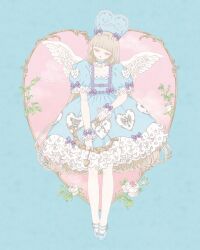 1girl angel_wings belt blonde_hair blue_background blue_choker blue_dress blue_shoes blunt_bangs bow bow_(weapon) choker collarbone commentary_request cupid dress frilled_choker frilled_wrist_cuffs frills full_body half-closed_eyes harness head_bow head_tilt heart heart_headband highres hime_cut holding holding_bow_(weapon) holding_weapon kira_imai lolita_fashion lolita_print long_hair original pantyhose petticoat puffy_short_sleeves puffy_sleeves purple_belt purple_bow shoes short_sleeves sidelocks simple_background solo standing sweet_lolita very_long_hair weapon white_pantyhose white_wings white_wrist_cuffs wings wrist_cuffs 