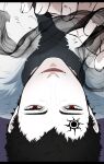  1boy black_clover black_hair black_robe cape close-up facial_mark fingernails forehead_mark fur_cape highres koine_(draw) lucius_zogratis male_focus open_mouth purple_background red_eyes robe short_hair smile solo upside-down white_fur 