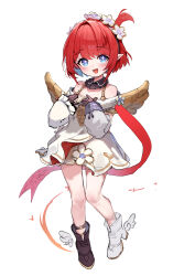  1girl :d absurdres asymmetrical_footwear black_gloves black_shoes blush commentary_request dress flower full_body gloves hair_flower hair_ornament highres honkai:_star_rail honkai_(series) long_sleeves mismatched_footwear open_mouth pointy_ears red_hair shoes short_hair simple_background smile solo somray thai_commentary thighs tribbie_(honkai:_star_rail) white_background white_dress white_flower white_shoes wings yellow_wings 