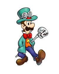  1boy alternate_costume black_eyes bow bowtie brown_hair cane clothing_request collared_shirt commentary eyewear_on_head facial_hair full_body green_hat hands_in_pockets hat highres holding holding_cane luigi mario_&amp;_luigi_rpg masanori_sato mustache popped_collar red_bow red_bowtie shirt simple_background skull solo super_mario_bros. top_hat untranslatable_commentary walking white_background 