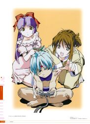  3girls bandaid bandaid_on_knee bandaid_on_leg blue_bra blue_eyes blue_hair blue_panties blunt_bangs book bow bra brown_eyes controller game_controller hair_bow headband highres holding holding_book holding_controller holding_game_controller indian_style ishizuka_miki long_hair long_sleeves looking_at_viewer multiple_girls namiki_chika nightgown non-web_source official_art onodera_sakurako open_mouth pajamas panties photoshop_(medium) pink_eyes playing_games playing_video_games pointing pointing_at_viewer purple_hair red_bow seiza short_hair short_sleeves sitting sports_bra translation_request underwear underwear_only updo watanabe_akio zutto_issho 