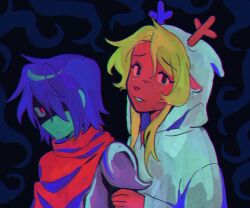  1girl 1other antlers armor black_eyes blonde_hair blue_hair cape colored_skin commentary deer_antlers deer_girl deltarune english_commentary furry furry_female goomyloid hair_over_one_eye hand_on_another's_arm hero_sword_(deltarune) highres hood hood_up horns kris_(deltarune) long_hair noelle_holiday partially_shaded_face red_cape red_eyes short_hair utdr_(toby_fox) white_cloak_(deltarune) white_hood 