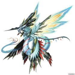  commentary_request digimon digimon_(creature) digimon_card_game digimon_liberator dragon energy_wings full_body horns no_humans official_art red_eyes simple_background single_horn vortexdramon white_background 
