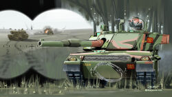  absurdres armored_vehicle binoculars c1_ariete cannon caterpillar_tracks commentary_request commission day hat highres holding holding_binoculars kudryavka_trop long_sleeves military military_uniform military_vehicle motor_vehicle original outdoors smoke tank tank_turret twitter_username virtual_youtuber 