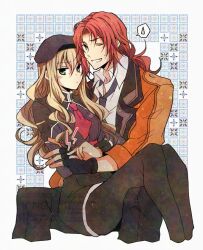  1boy 1girl ao_no_kiseki beret black_gloves black_hat black_thighhighs blonde_hair border commentary curtained_hair double-parted_bangs eiyuu_densetsu english_commentary fingerless_gloves gloves grey_necktie grin hair_between_eyes hat long_sidelocks long_sleeves looking_at_viewer mireille_(eiyuu_densetsu) necktie parted_bangs patterned_background pinching ponytail pout randolph_orlando red_hair red_necktie satsuki_(chaosmode) sidelocks sitting_on_another's_knee skirt smile speech_bubble sweatdrop thigh-highs thought_bubble watermark white_border zero_no_kiseki 