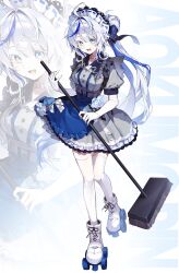  1girl absurdres ahoge aokumo_rin apron black_bow black_bowtie black_ribbon blue_apron blue_bow blue_bowtie blue_eyes blue_hair bow bowtie breasts center_frills character_name cloud_hair_ornament collar dress elbow_gloves frilled_apron frilled_dress frills full_body gloves grey_bow grey_bowtie grey_dress hair_ribbon hair_rings hashtag-only_commentary highres holding holding_mop large_breasts long_hair maid_apron maid_headdress mop multicolored_hair name_tag open_mouth pleated_dress polka_dot polka_dot_bow polka_dot_bowtie ribbon roller_skates side_ponytail sidelocks skates solo stellive streaked_hair thigh-highs ty_saurus very_long_hair virtual_youtuber white_collar white_gloves white_hair white_thighhighs zettai_ryouiki zoom_layer 