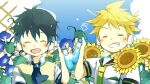  2boys black_hair black_serafuku blonde_hair blue_flower blue_necktie blue_sky child closed_eyes collared_shirt commentary day deepvocal drink flower foliage grin happy headphones headset holding holding_drink kadokoa kagamine_len lattice male_child male_focus messy_hair morning_glory multiple_boys necktie open_mouth outdoors ramune sailor_collar school_uniform serafuku shirt short_hair sky smile sorashido_lemi sunflower sweater_vest tan_sweater vocaloid white_headphones white_shirt yellow_flower yellow_necktie 